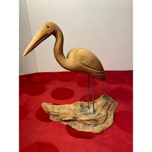 Hand carved Wood Heron Egret Wading Bird on Driftwood signed W. Oler natural EUC